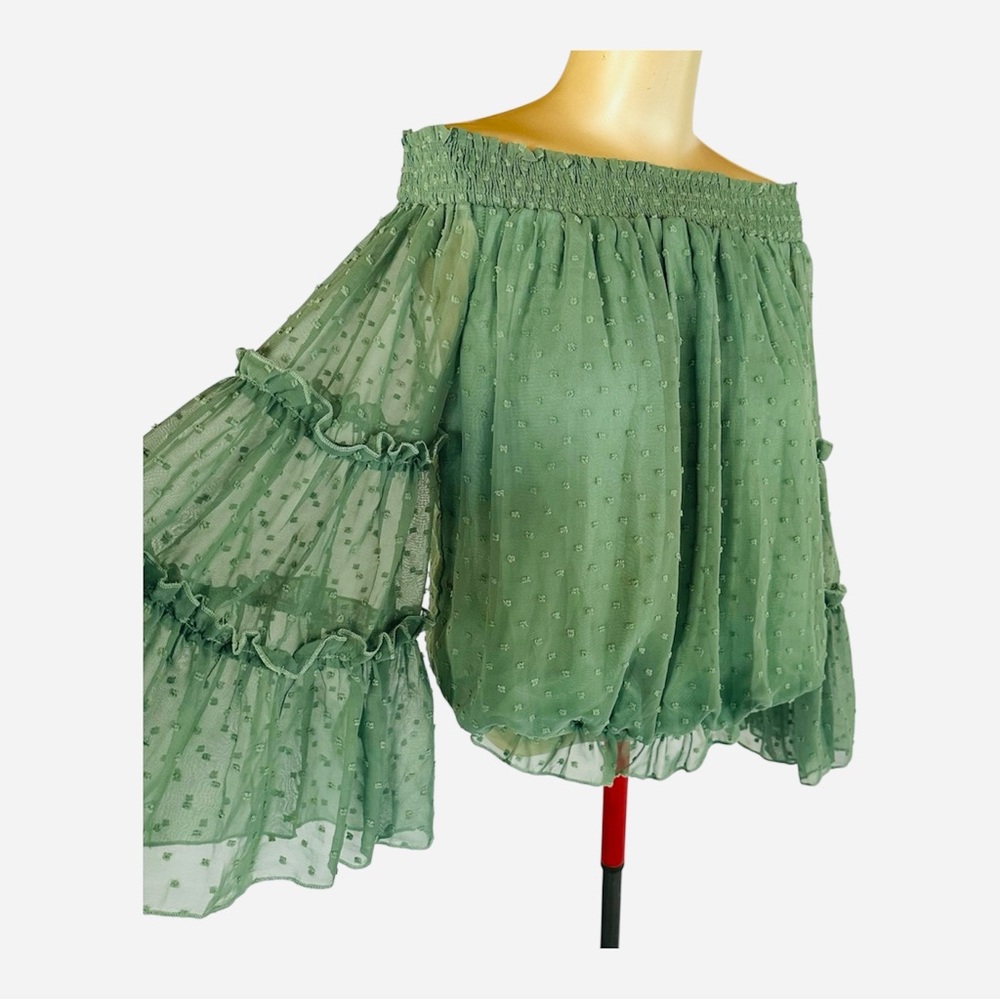Sage Green Off Shoulder Swiss Dot Boho Blouse Ruffle Sleeve Size M